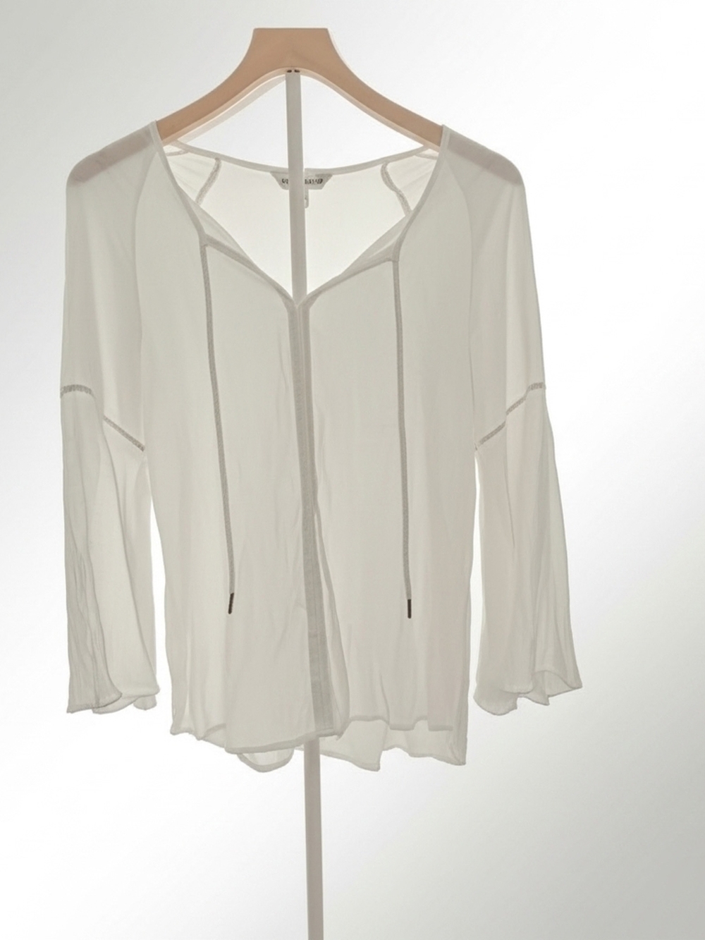 White Light Sheer Boho Peasant Blouse Whimsical V-neck Bell Sleeve Tie Neck - S